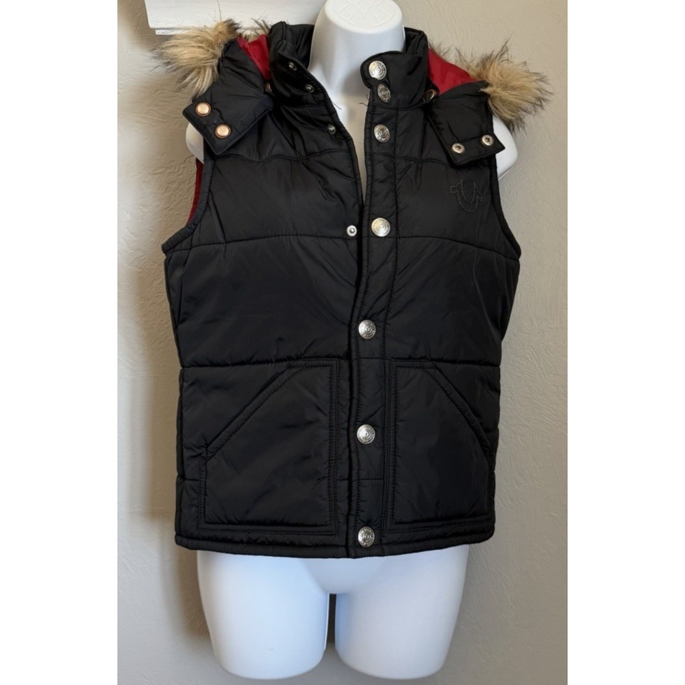 True Religion Puffer Vest Womens XS Snap Front Sleeveless Quilted Hooded Black